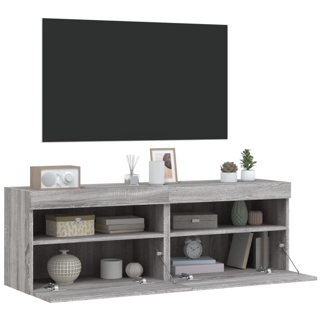 TV-möbel grå sonoma 60x30x40 cm Väggmonterad TV-bänk LED 2 st