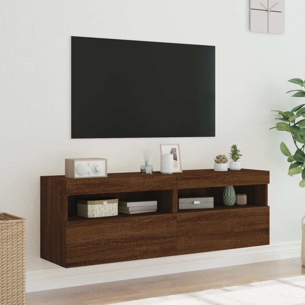 TV-möbel brun ek 60x30x40 cm Väggmonterad TV-bänk LED 2 st