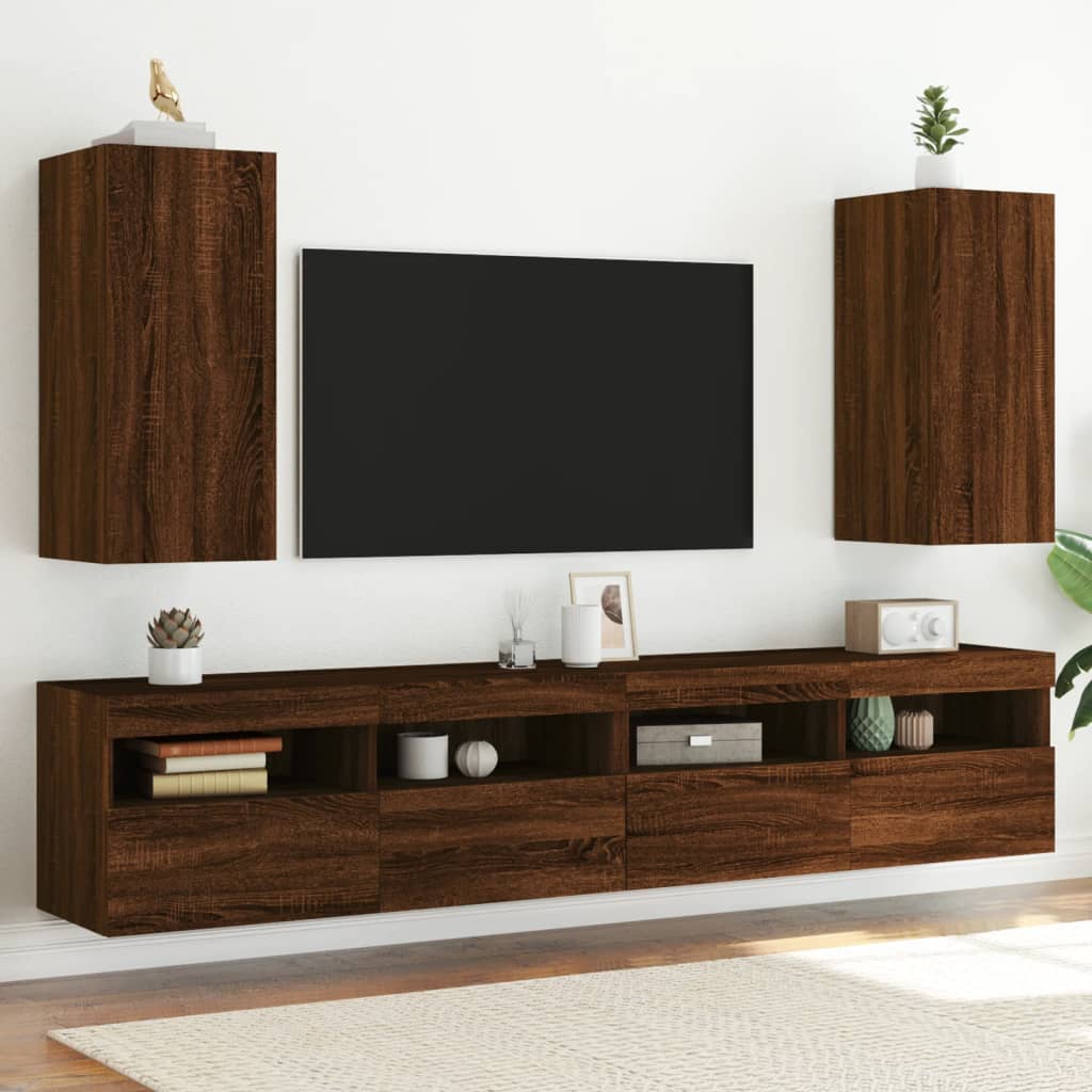 TV-möbel brun ek 30,5x35x70 cm Väggmonterad TV-bänk LED 2 st