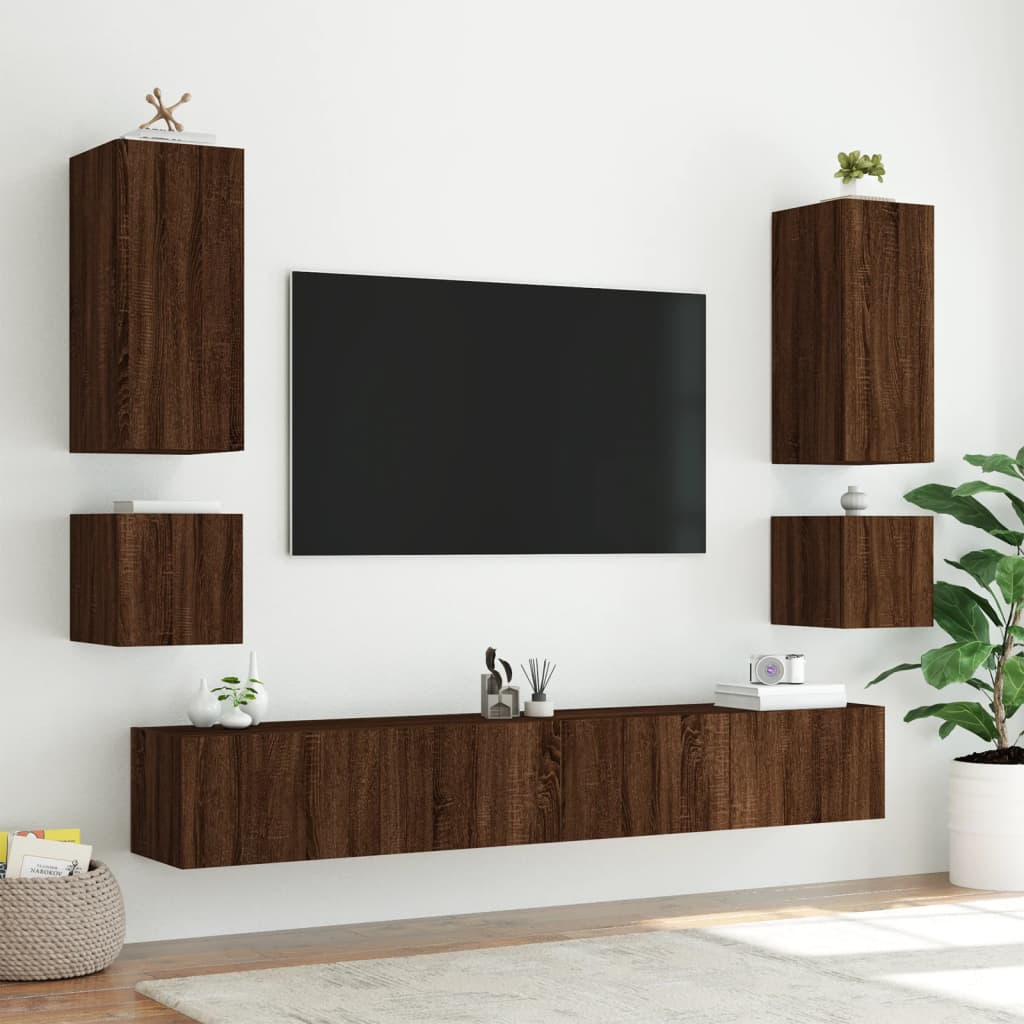 TV-möbel brun ek 40,5x35x40 cm Väggmonterad TV-bänk LED 2 st