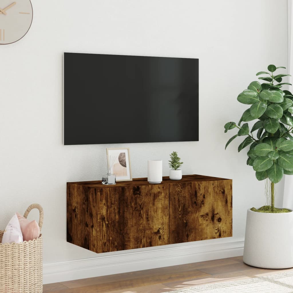 TV-möbel rökfärgad ek 80x35x31 cm Väggmonterad TV-bänk LED