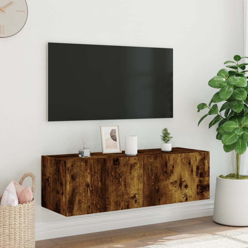 TV-möbel rökfärgad ek 100x35x31 cm Väggmonterad TV-bänk LED