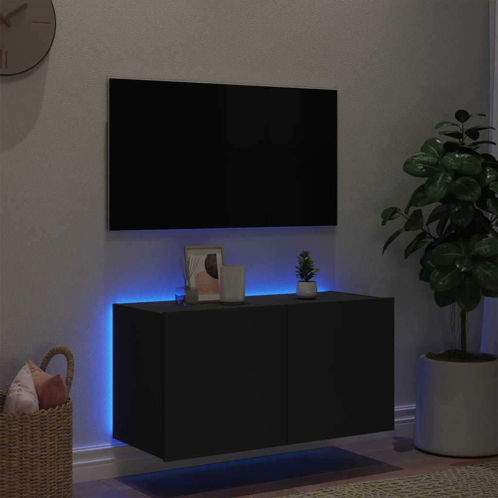 TV-möbel svart 80x35x41 cm Väggmonterad TV-bänk LED