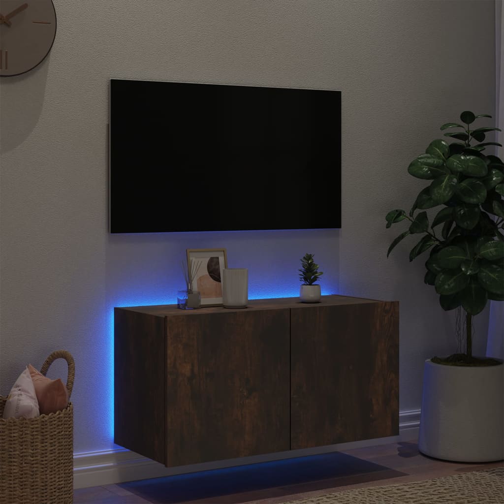 TV-möbel rökfärgad ek 80x35x41 cm Väggmonterad TV-bänk LED