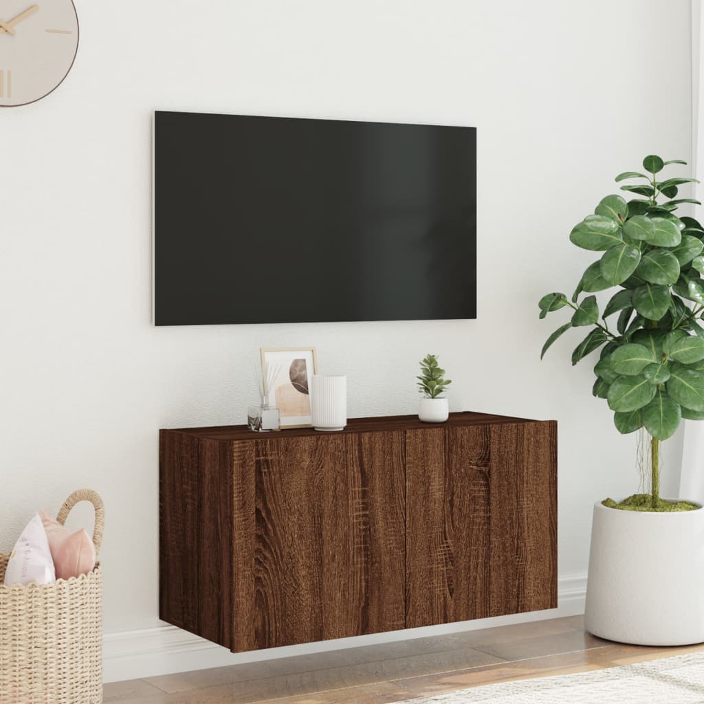 TV-möbel brun ek 80x35x41 cm Väggmonterad TV-bänk LED