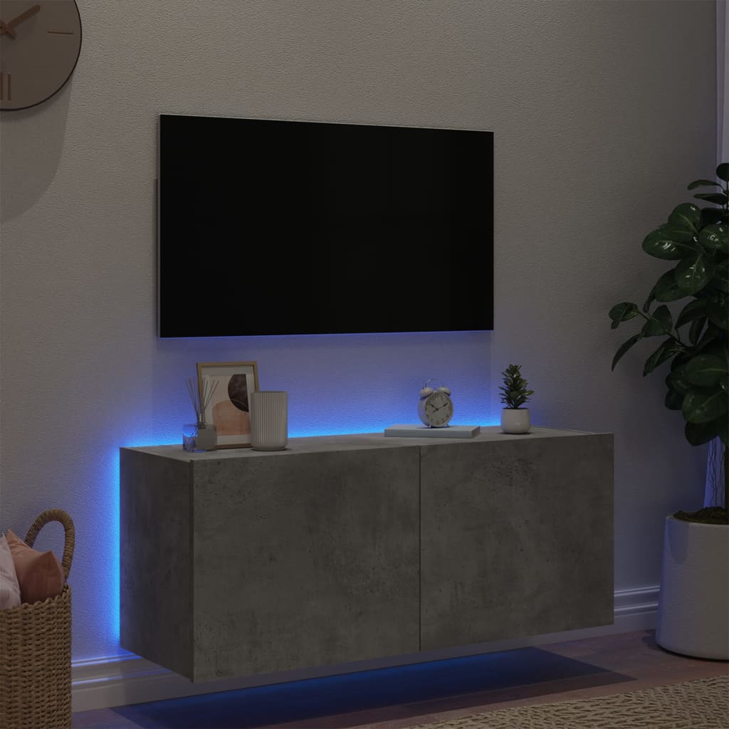 TV-möbel betonggrå 100x35x41 cm Väggmonterad TV-bänk LED