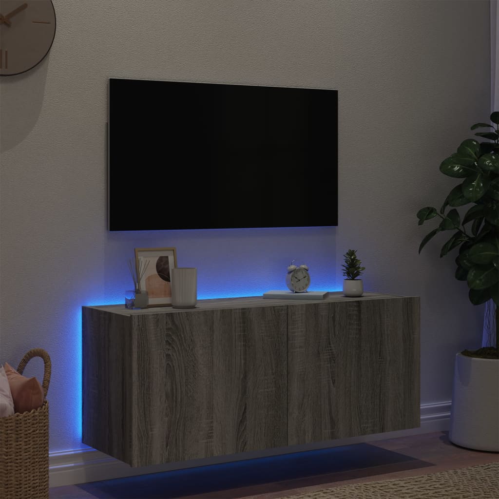 TV-möbel grå sonoma 100x35x41 cm Väggmonterad TV-bänk LED