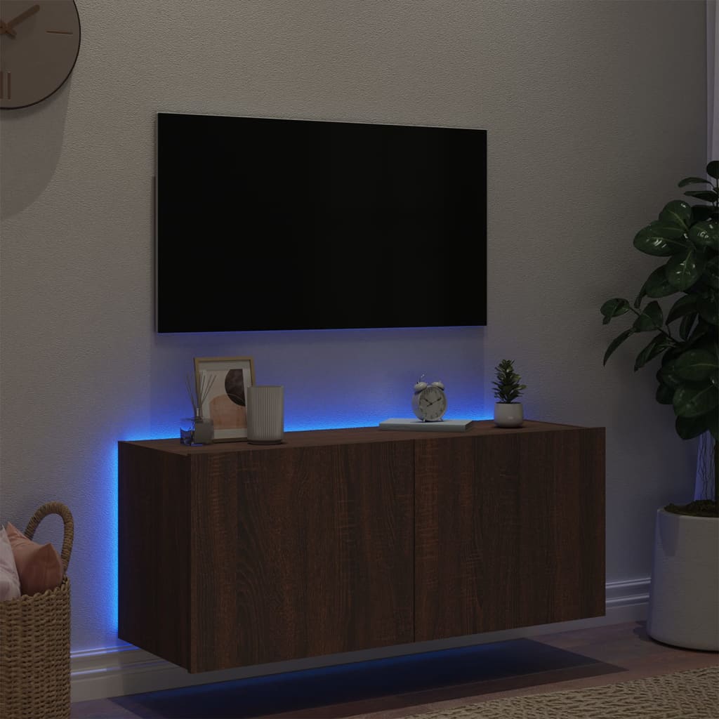 TV-möbel brun ek 100x35x41 cm Väggmonterad TV-bänk LED