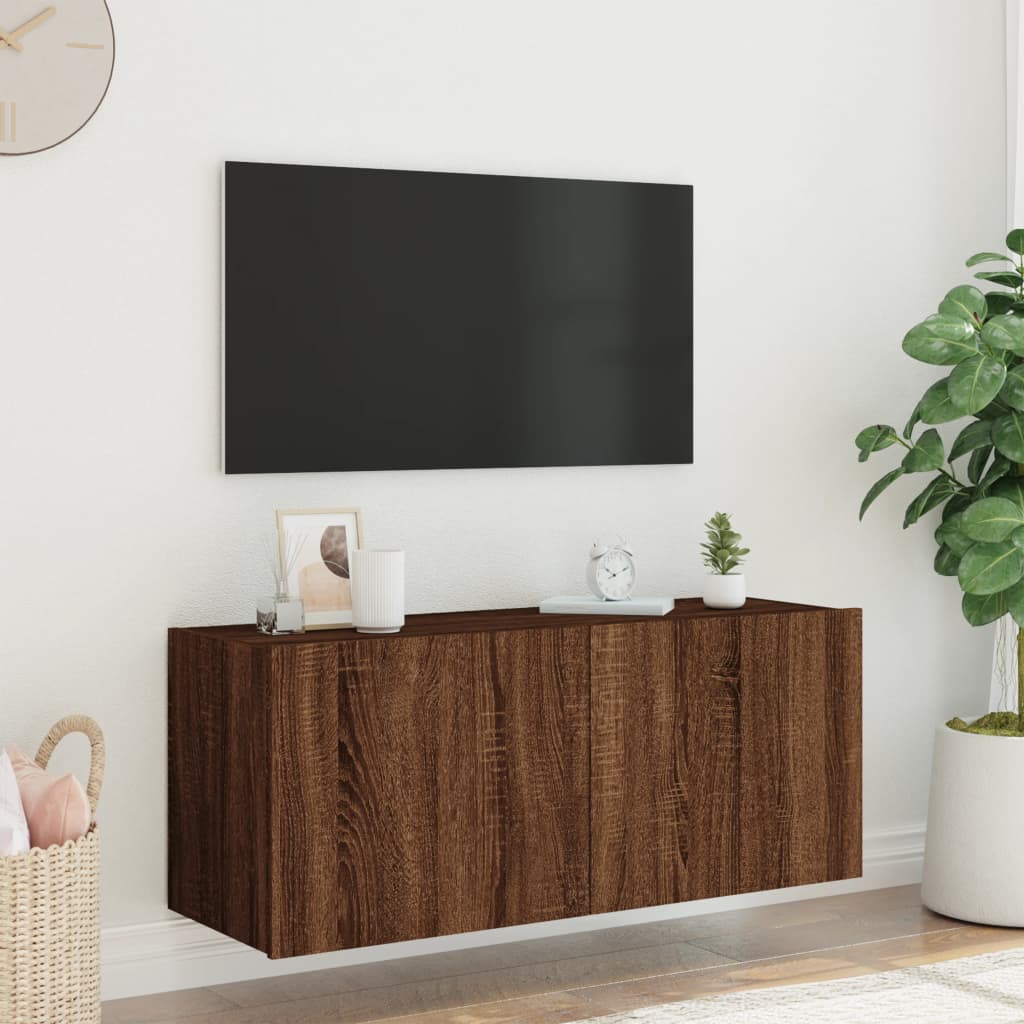 TV-möbel brun ek 100x35x41 cm Väggmonterad TV-bänk LED