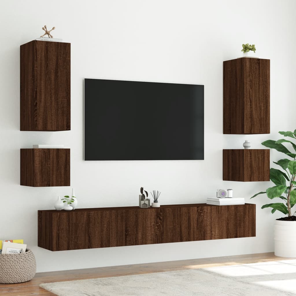 TV-möbel brun ek 100x35x41 cm Väggmonterad TV-bänk LED