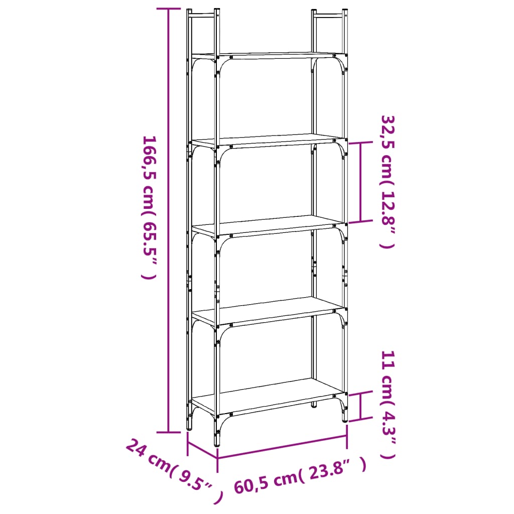 Kirjahylly musta 5 hyllyä 60,5x24x166,5 cm