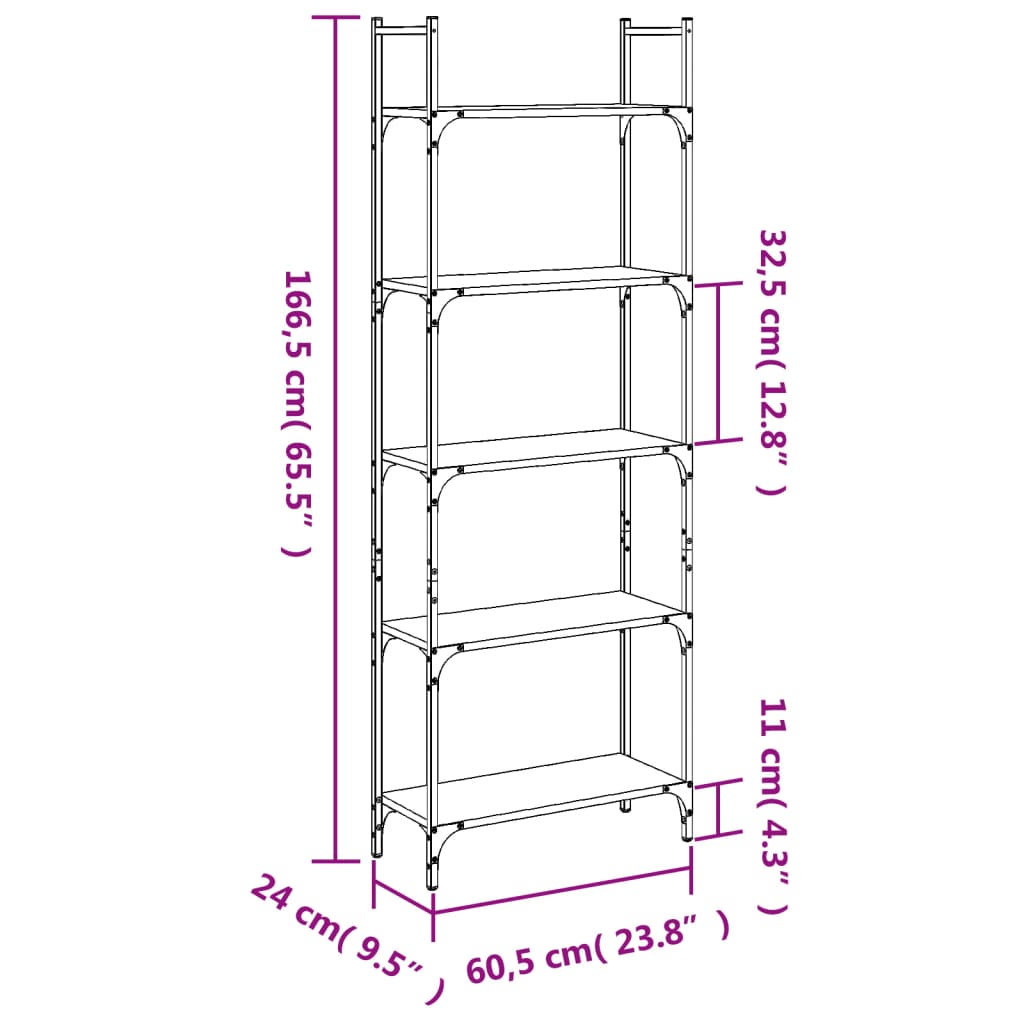 Kirjahylly tammi savunvärinen 5 hyllyä 60,5x24x166,5 cm