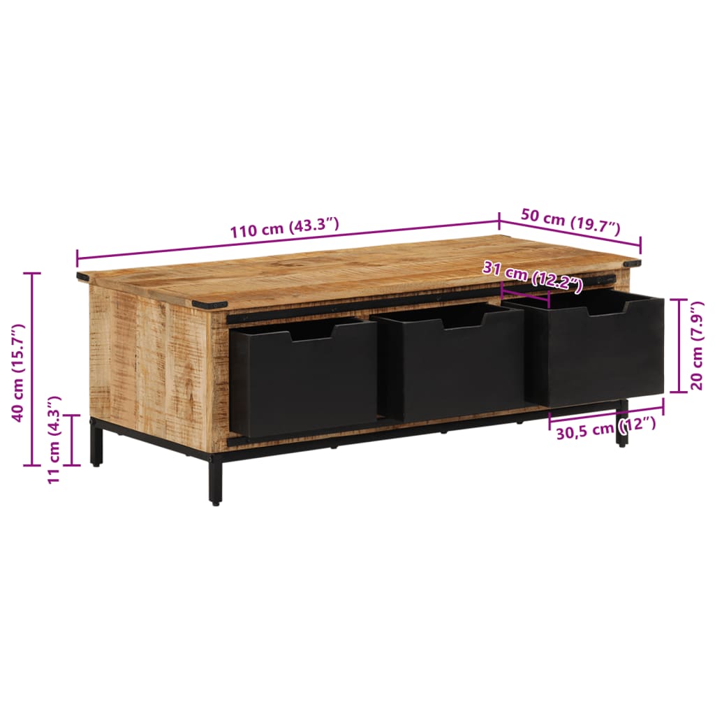 Soffbord massiv mangoträ med lådor 110x50x40 cm