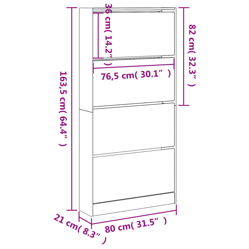 Skoställ Skoskåp betonggrå med 4 flip-lådor  80x21x163,5 cm