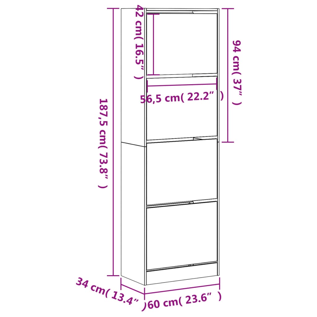 Skoställ Skoskåp betonggrå med 4 flip-lådor  60x34x187,5 cm