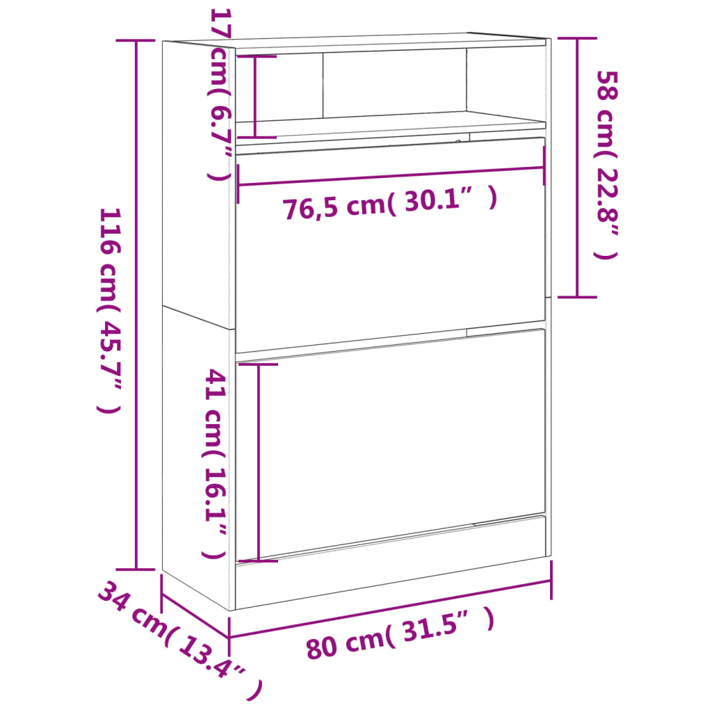 Skoställ Skoskåp vit med 2 flip-lådor 80x34x116 cm