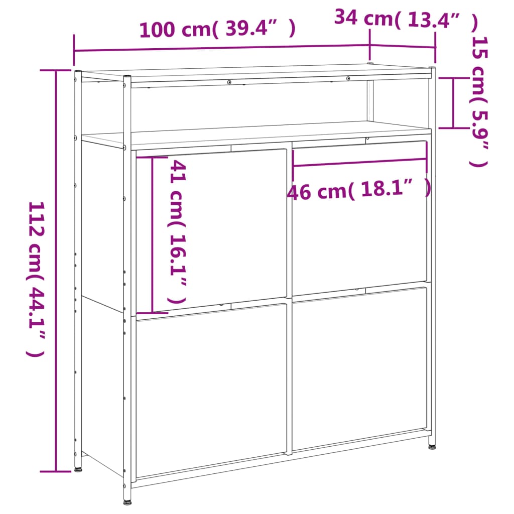 Skoställ Skoskåp svart med 4 flip-lådor 100x34x112 cm