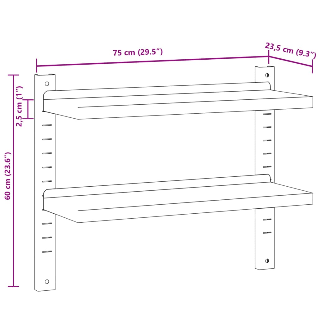 Seinähyllyt 2 tasoa 75x23,5x60 cm hopeaa ruostumatonta terästä