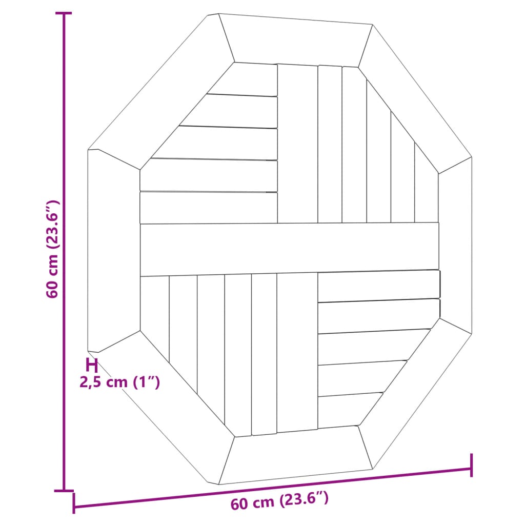 Bordsskiva massiv teak 60x60x2,5 cm åttakantig