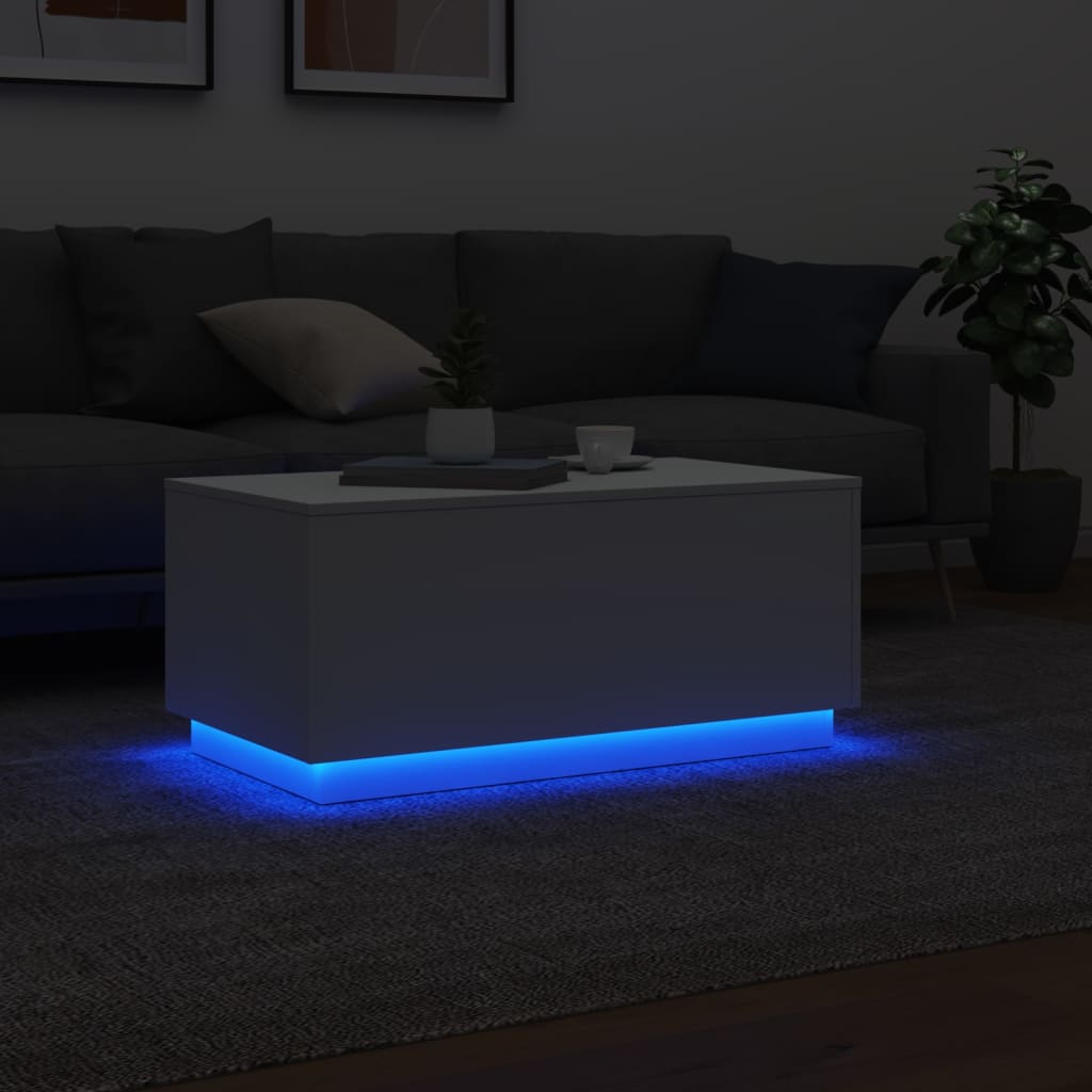 Valkoinen sohvapöytä LED-valolla 90x50x40 cm