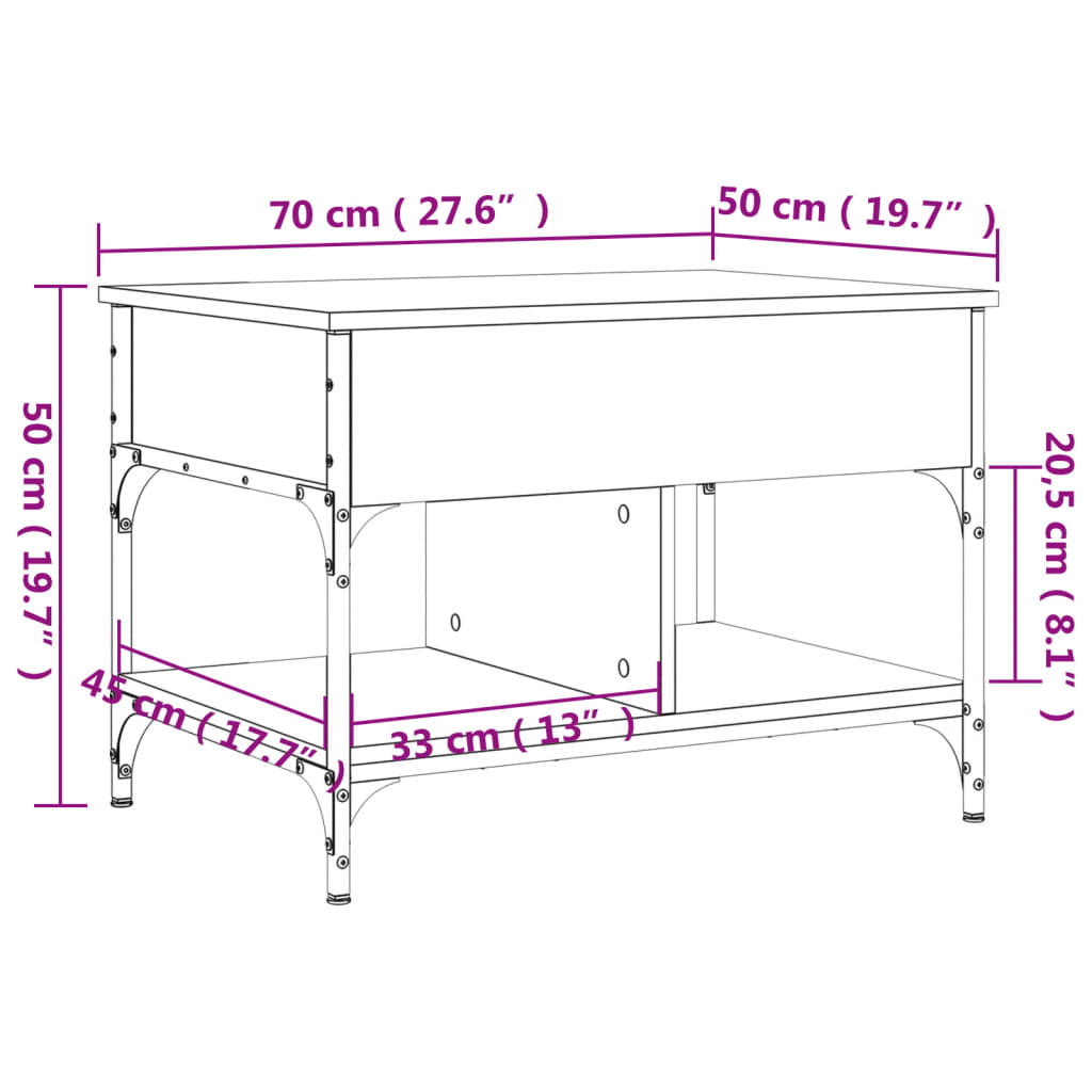 Sohvapöytä tammi savunvärinen 70x50x50 cm metallia