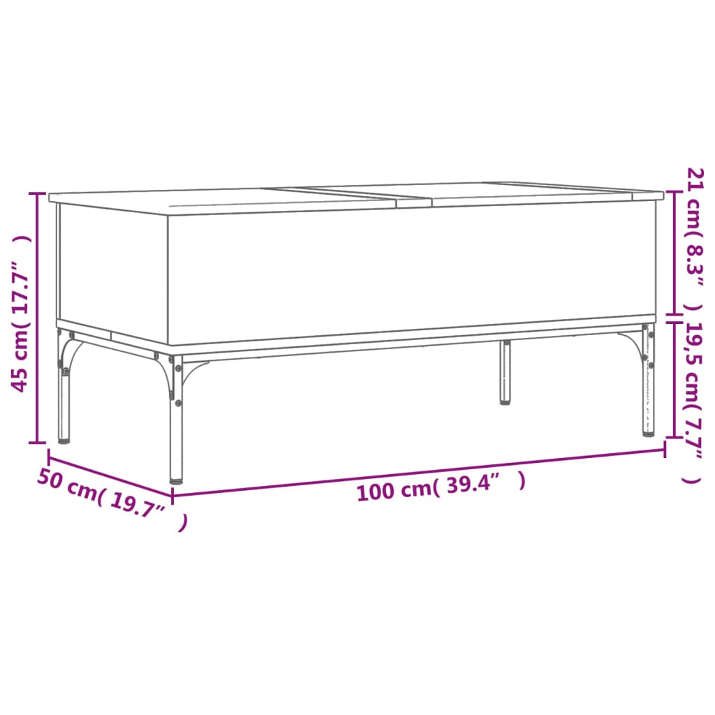 Sohvapöytä ruskea tammi 100x50x45 cm metallia