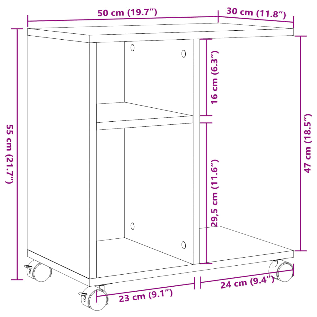 Sidobord vit med hjul 50x30x55 cm