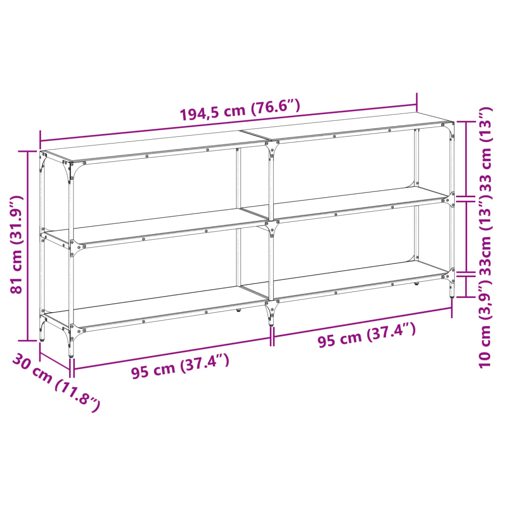 Avlastningsbord konsolbord svart med glasskiva 194,5x30x81 cm stål