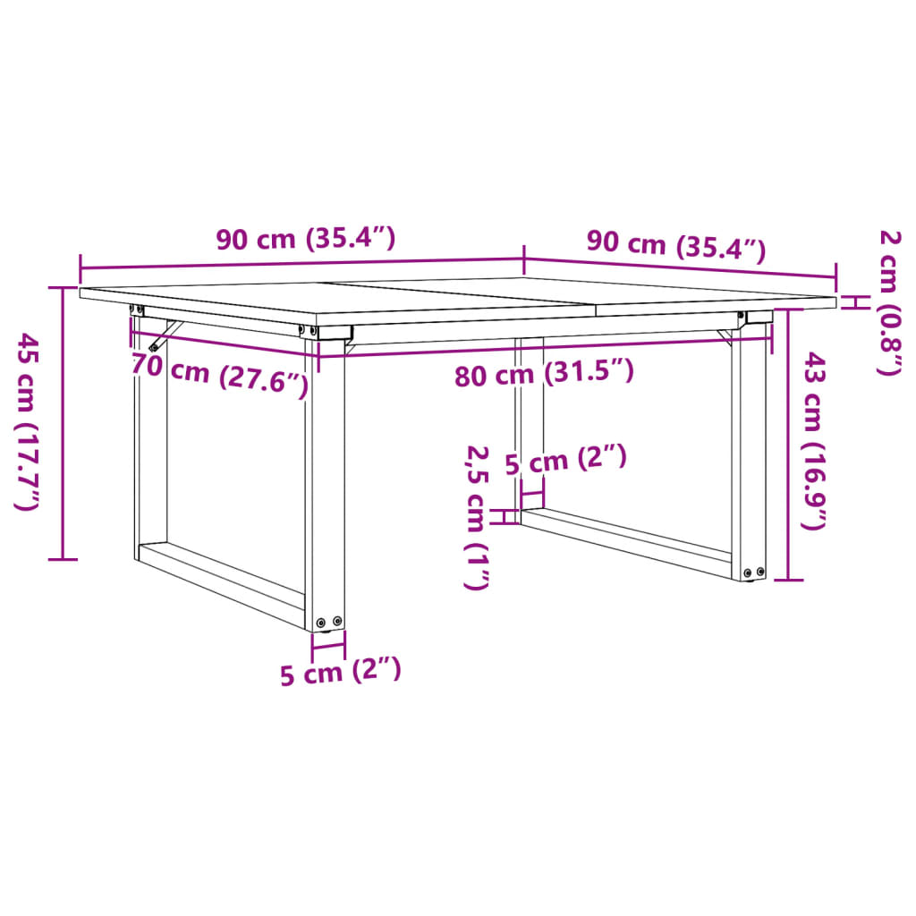 Sohvapöytä O-runko 90x90x45 cm massiivimäntyä ja valurautaa