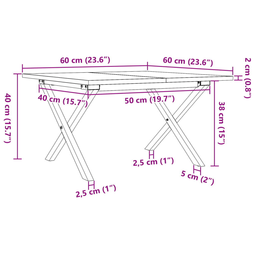 Soffbord massiv furu X-ram 60x60x40 cm och gjutjärn