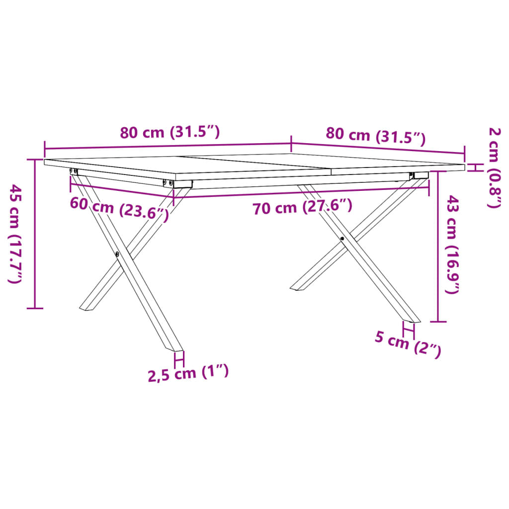 Soffbord massiv furu X-ram 80x80x45 cm och gjutjärn