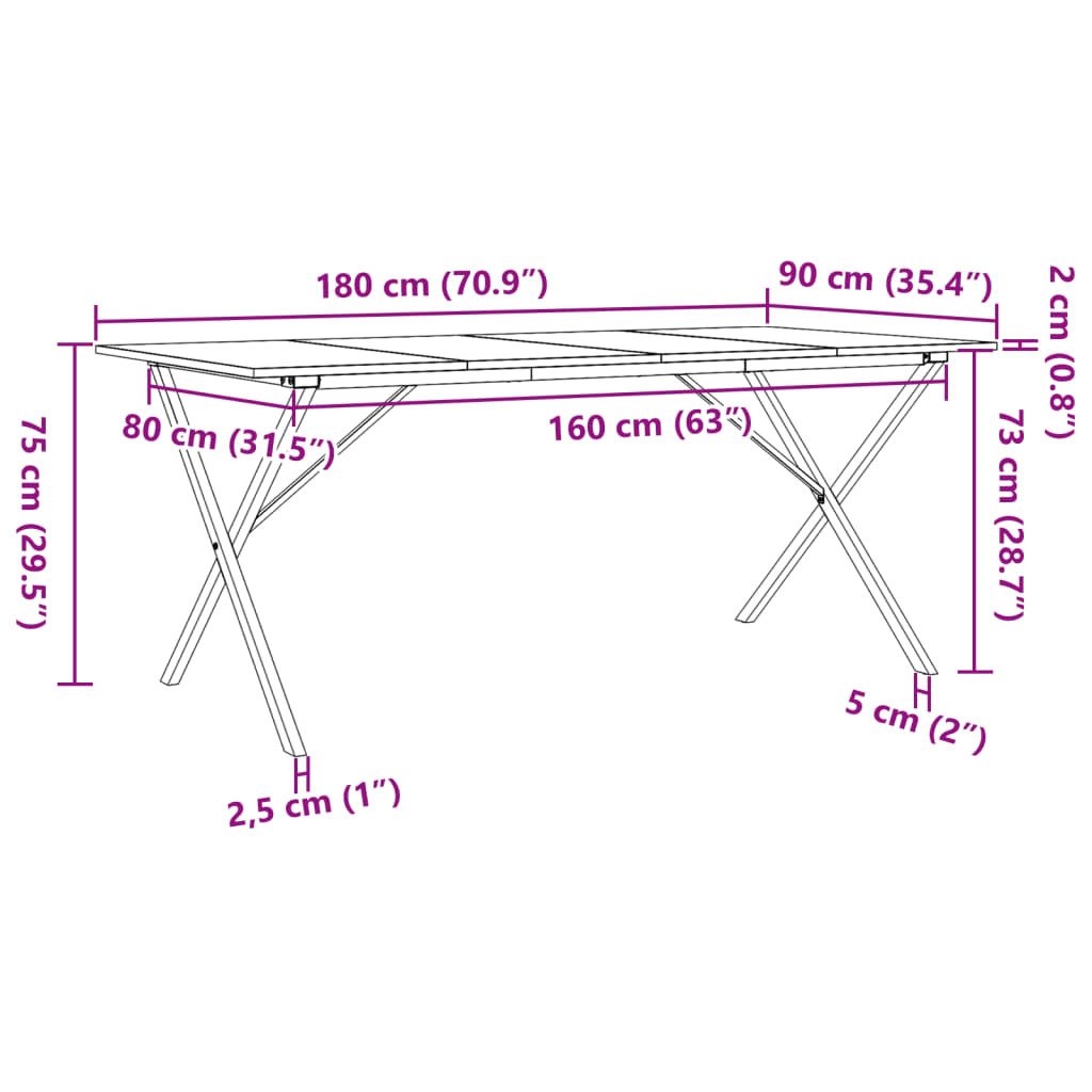 Ruokapöytä X-runko 180x90x75 cm massiivimäntyä ja valurautaa