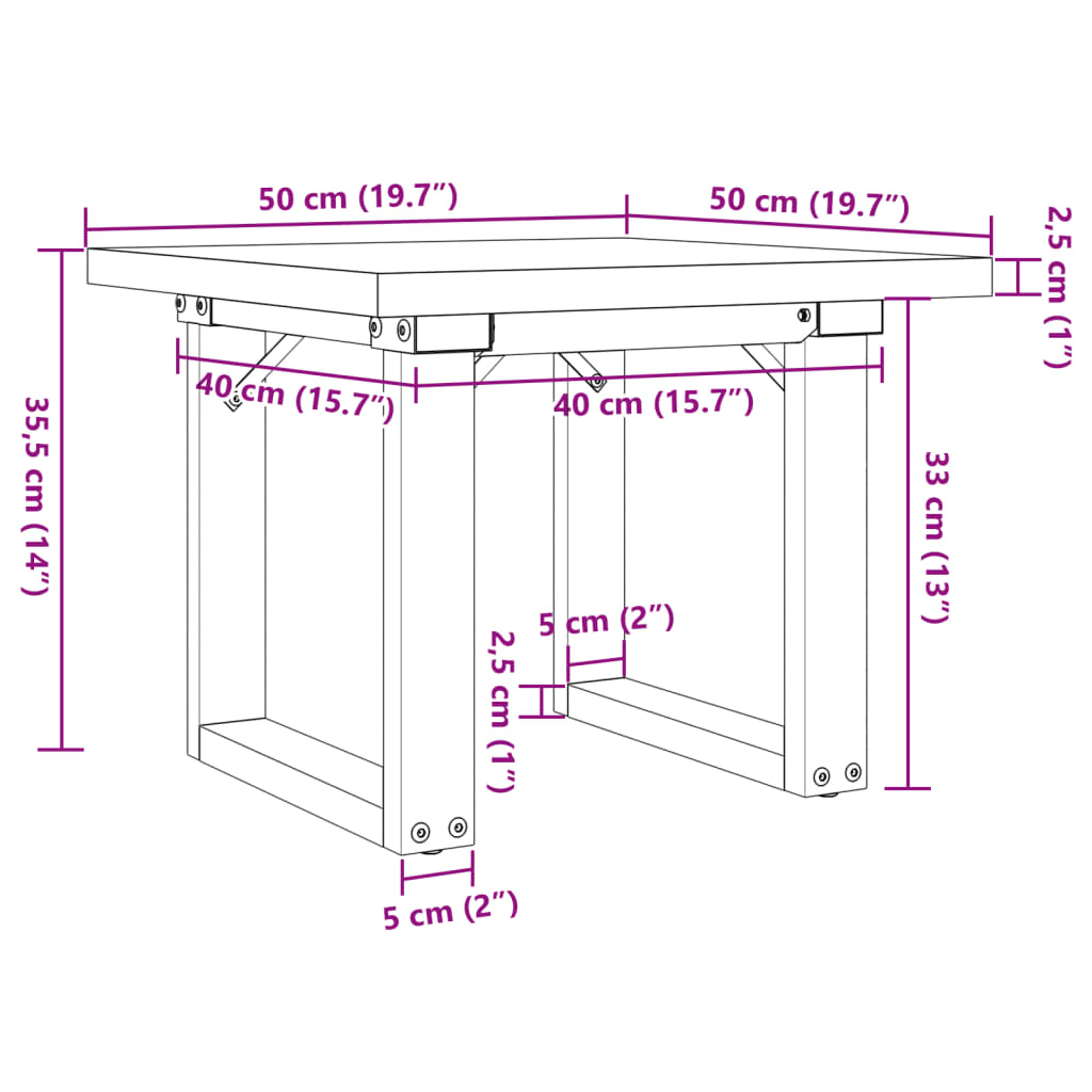 Sohvapöytä O-runko 50x50x35,5 cm massiivimäntyä ja valurautaa