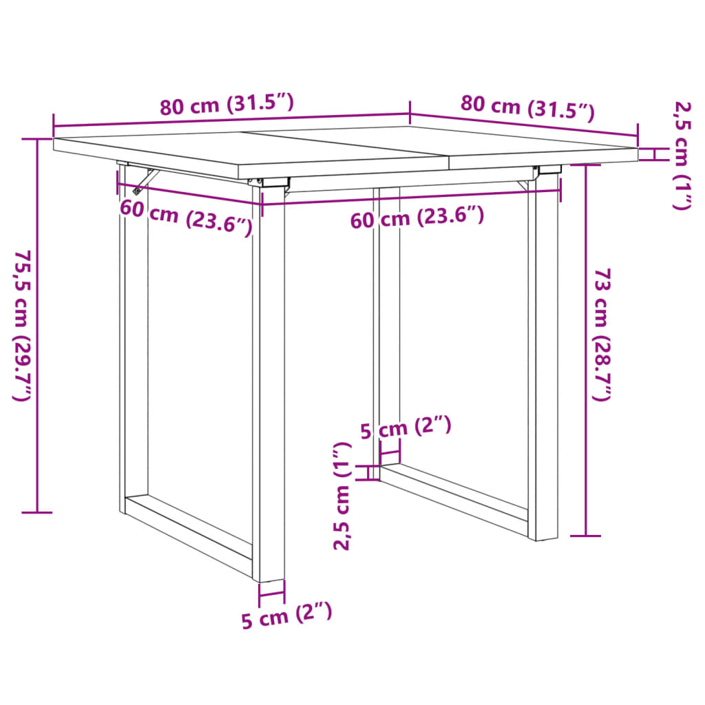 Ruokapöytä O-runko 80x80x75,5 cm massiivimäntyä ja valurautaa