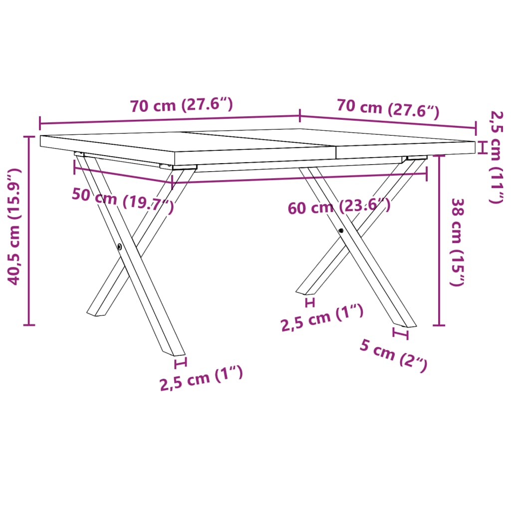 Soffbord massiv furu X-ram 70x70x40,5 cm och gjutjärn