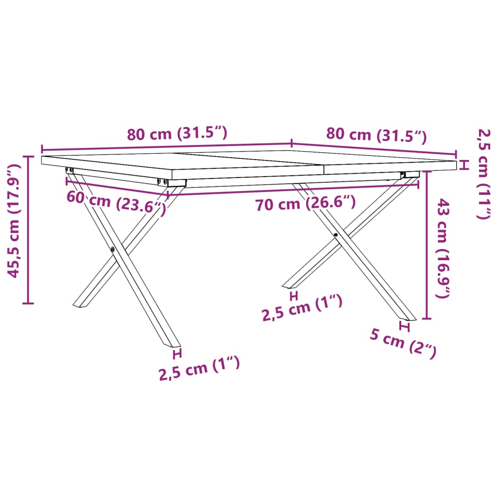 Soffbord massiv furu X-ram 80x80x45,5 cm och gjutjärn