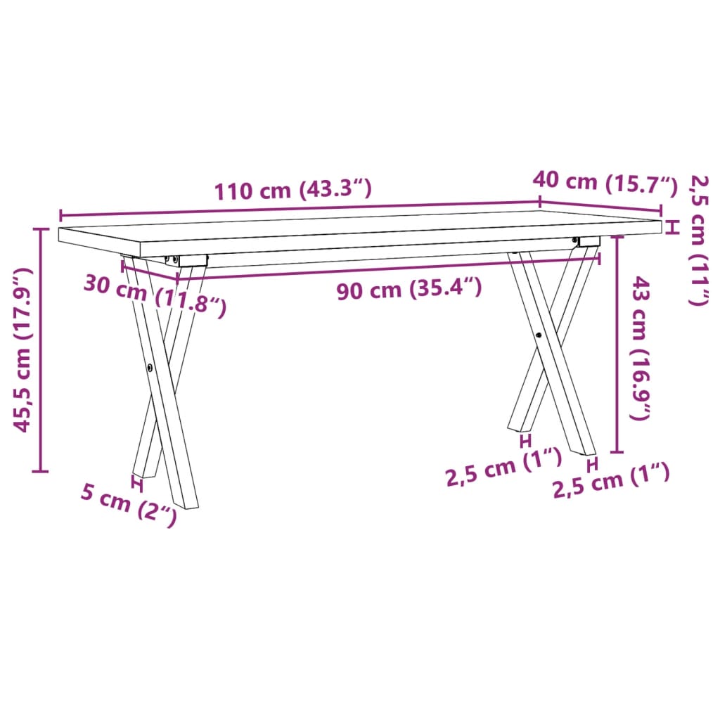 Soffbord massiv furu X-ram 110x40x45,5 cm och gjutjärn