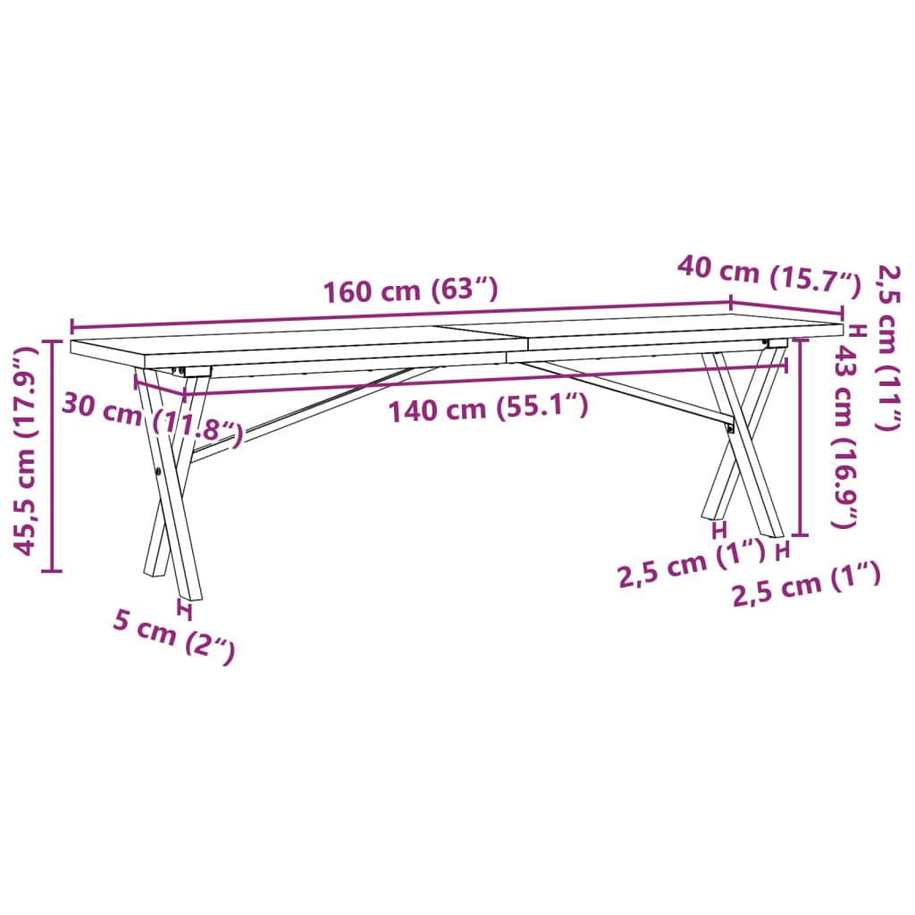 Soffbord massiv furu X-ram 160x40x45,5 cm och gjutjärn