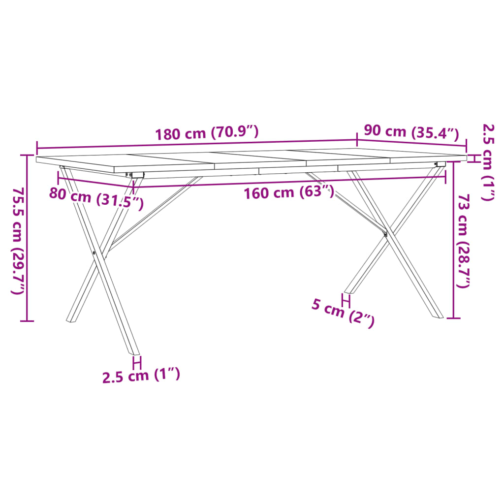 Ruokapöytä X-runko 180x90x75,5 cm massiivimäntyä ja valurautaa