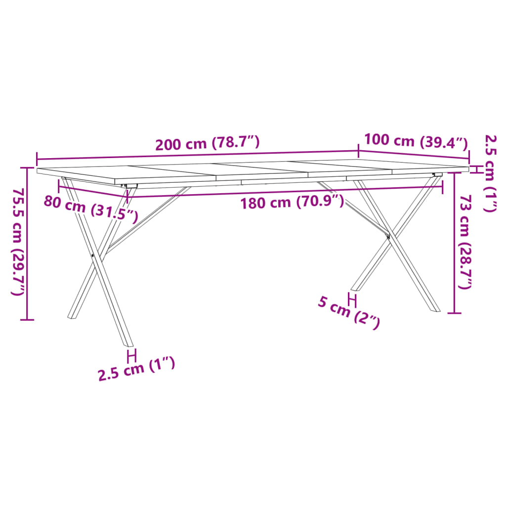 Ruokapöytä X-runko 200x100x75,5 cm massiivimäntyä ja valurautaa