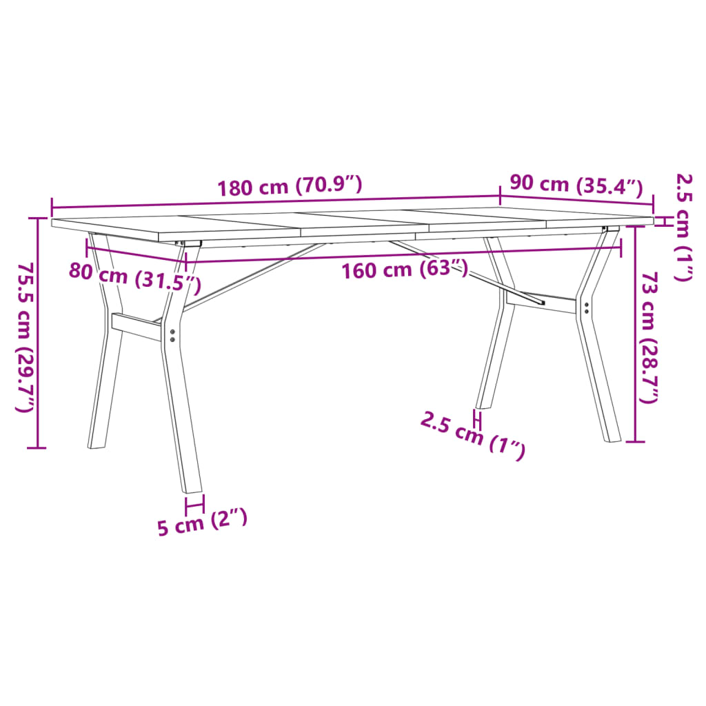 Ruokapöytä Y-runko 180x90x75,5 cm massiivimäntyä ja valurautaa