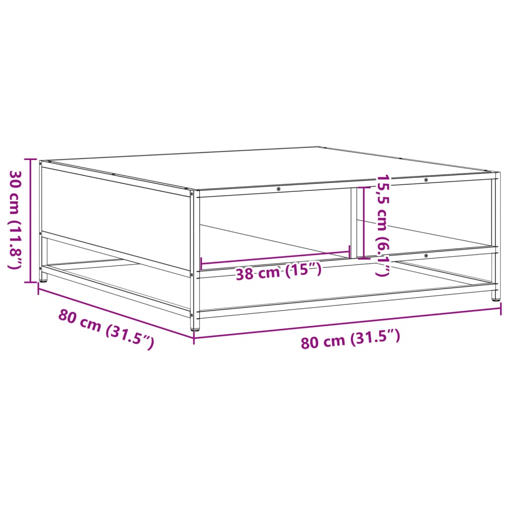 Soffbord brun ek 80x80x30 cm konstruerat trä och metall