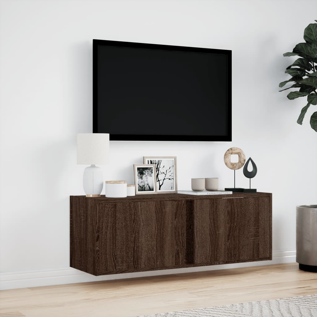 TV-möbel brun ek 100x31x35 cm Väggmonterad TV-bänk LED