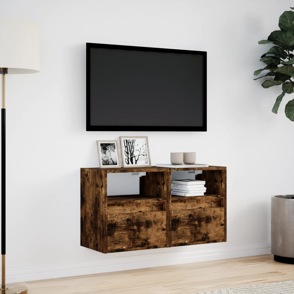 TV-möbel rökfärgad ek 41x31x45 cm Väggmonterad TV-bänk LED 2 st