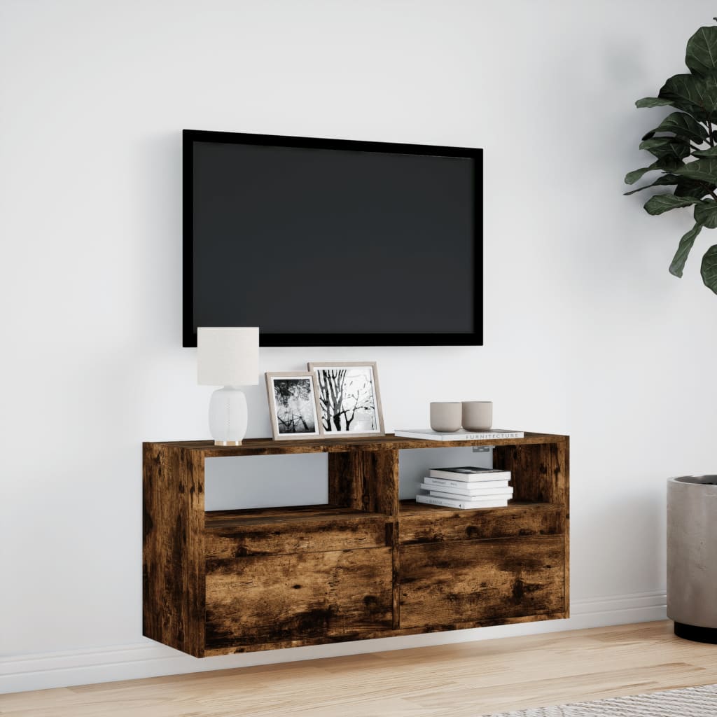 TV-möbel rökfärgad ek 100x31x45 cm Väggmonterad TV-bänk LED