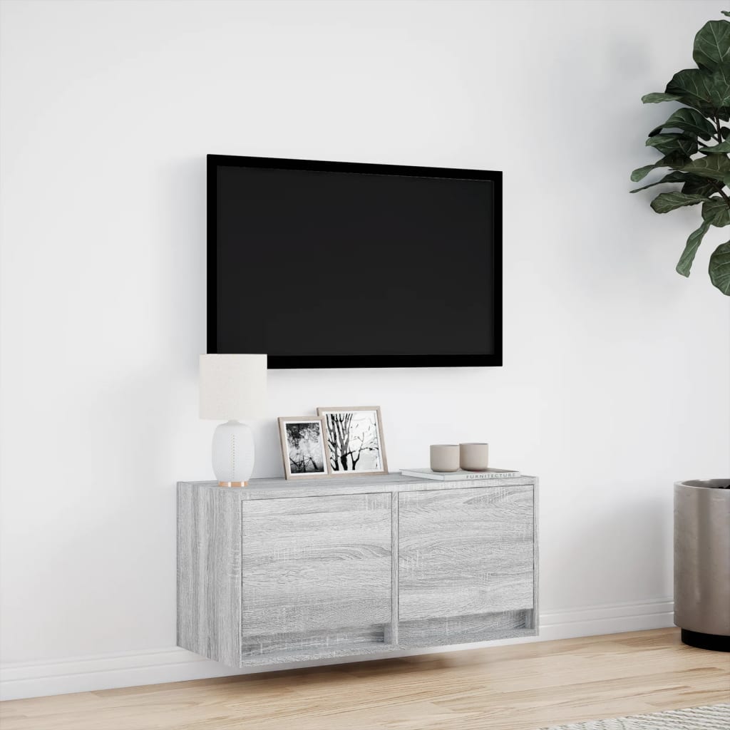 TV-möbel grå sonoma 80x31x35 cm Väggmonterad TV-bänk LED