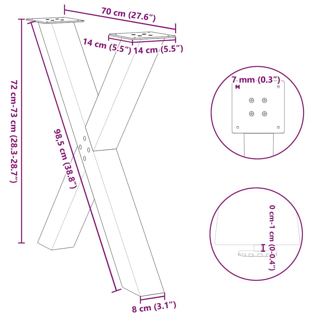 Matbordsben X-formad 3 st antracit 70x(72-73) cm stål