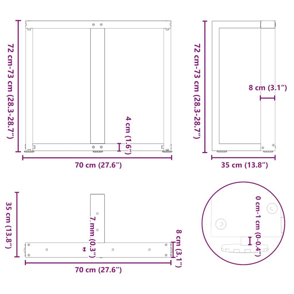 Matbordsben T-formad 2 st svart 70x35x(72-73) cm stål