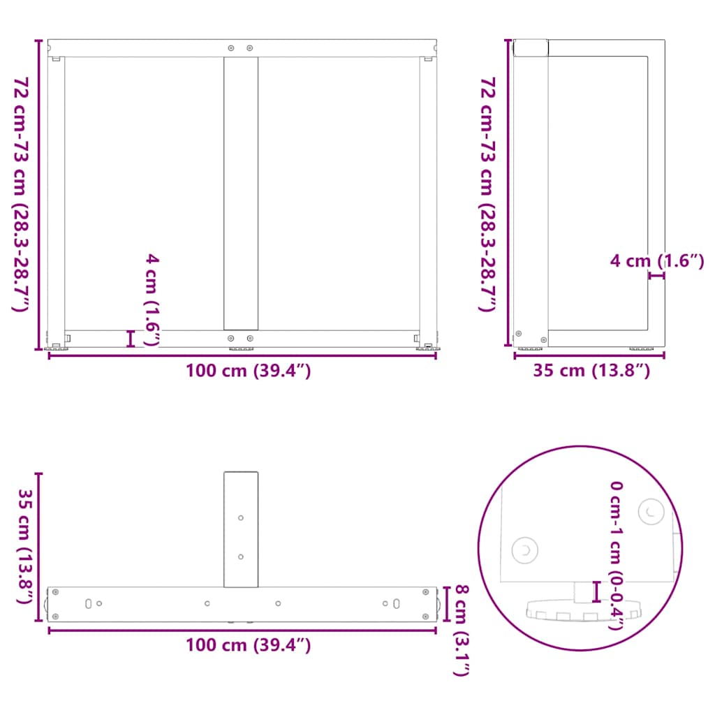 Matbordsben T-formad 2 st svart 100x35x(72-73) cm stål