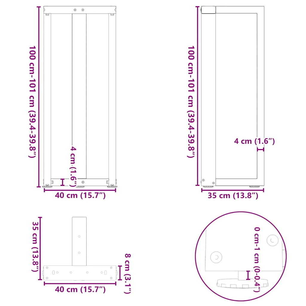 Barbordsben T-formad 2 st svart 40x35x(101-102) cm stål